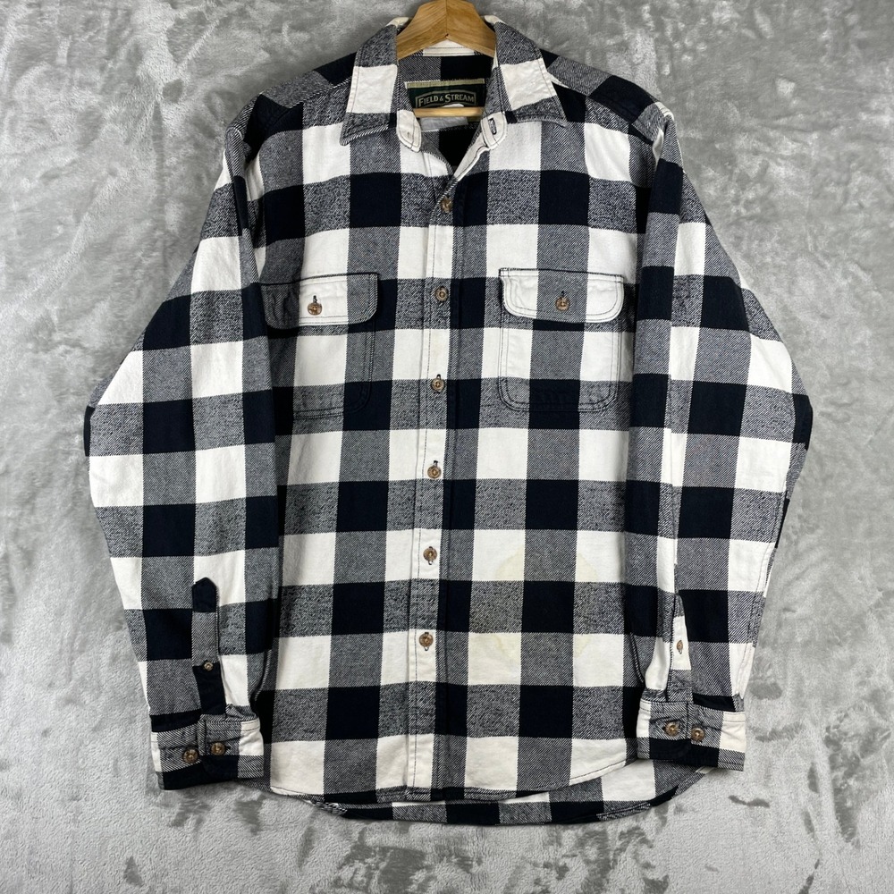 Vintage Field & Stream Flannel Shirt Mens XL Black White Buffalo Plaid 90s